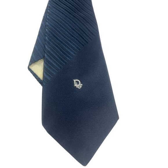 Christian Dior Dark Blue Ribbed Mens Necktie Embroidered Logo Solid Designer - Picture 1 of 8